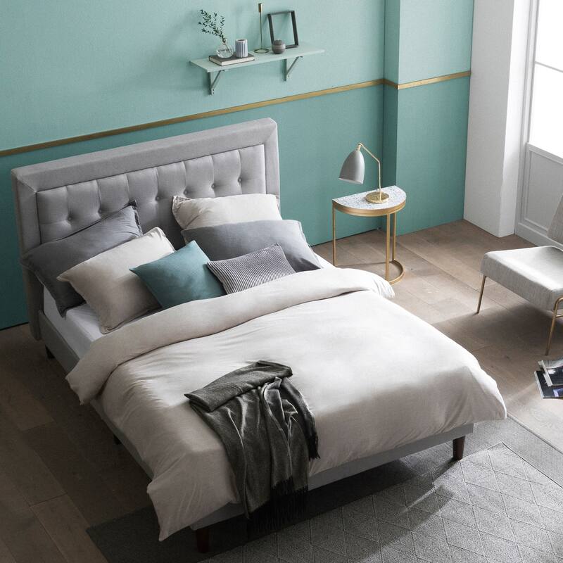Priage by Zinus Grey Sand Upholstered Beige Button-tufted Premium Platform Bed - Queen