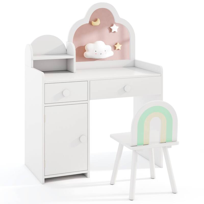 Children's Vanity Table and Stool Set with Mirror and Drawers Cabinet for Bedroom or Playroom - 31.5" x 16" x 38.5" (L x W x H)