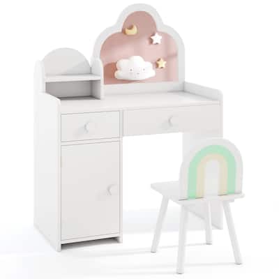 Children's Vanity Table and Stool Set with Mirror and Drawers Cabinet for Bedroom or Playroom - 31.5" x 16" x 38.5" (L x W x H)
