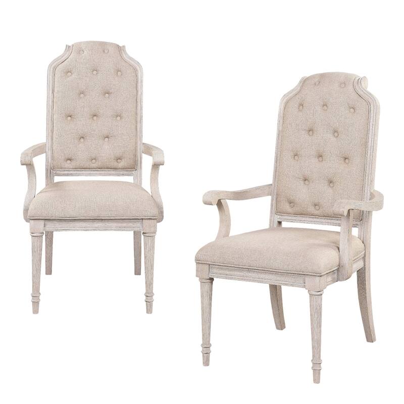 HomeRoots Set of Two Tufted Antiqued White and Champagne Upholstered Fabric And Solid Wood Dining Arm Chairs