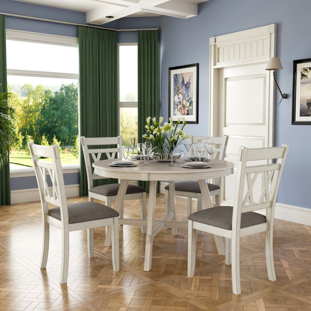VECELO 3 / 5 / 7 Piece Farmhouse Dining Set, Round Dining Table Set, 47'' Solid Wood Modern Dining Set for Kitchen Room
