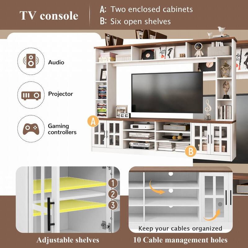 95.5"W Modern Wall Unit Entertainment Center with Bookshelves and Media Storage for TVs up to 80"