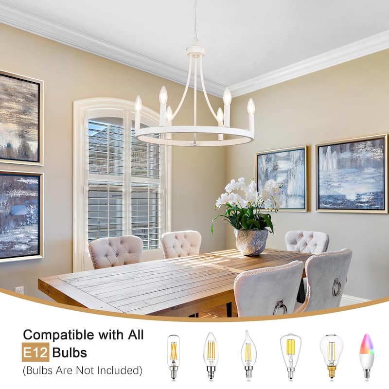 6-Light Farmhouse Candle Circle Hanging Wagon Wheel Chandelier Lighting for Kitchen Island