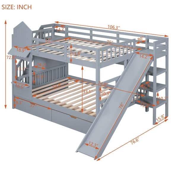 dimension image slide 0 of 4, Full Over Full Castle Style Bunk Bed Kids Bed with 2 Drawers 3 Shelves and Slide Kids Furniture, Blue