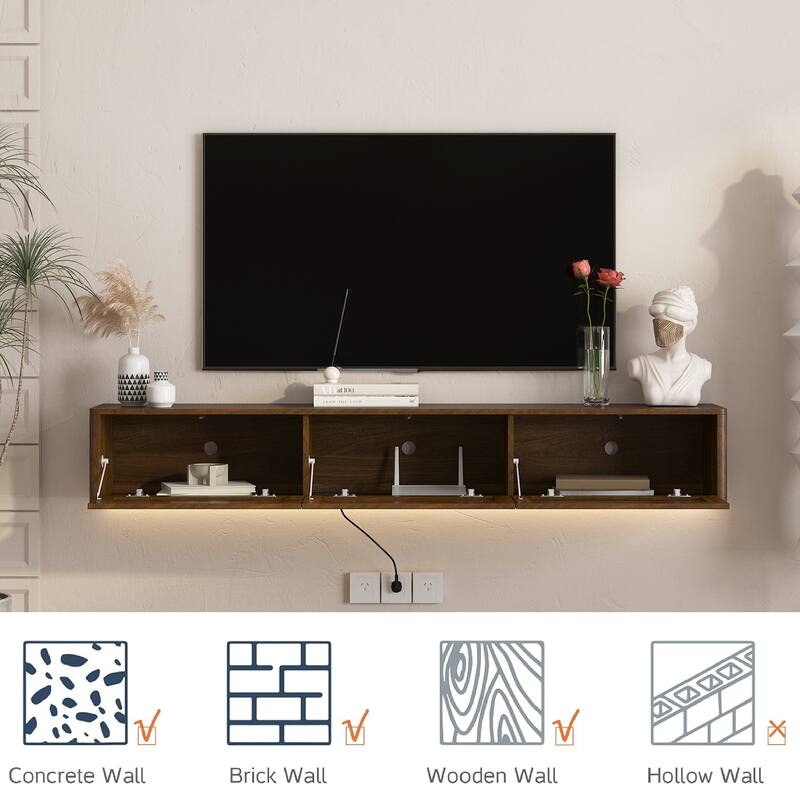 Wall Mounted TV Stand, High Gloss Floating TV Stand with LED Lights & Power Outlet