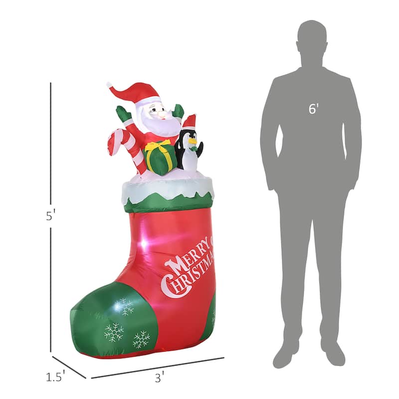 Outsunny 5ft Christmas Inflatable Santa and Penguin Standing in Sock with Candy Cane Gift Box