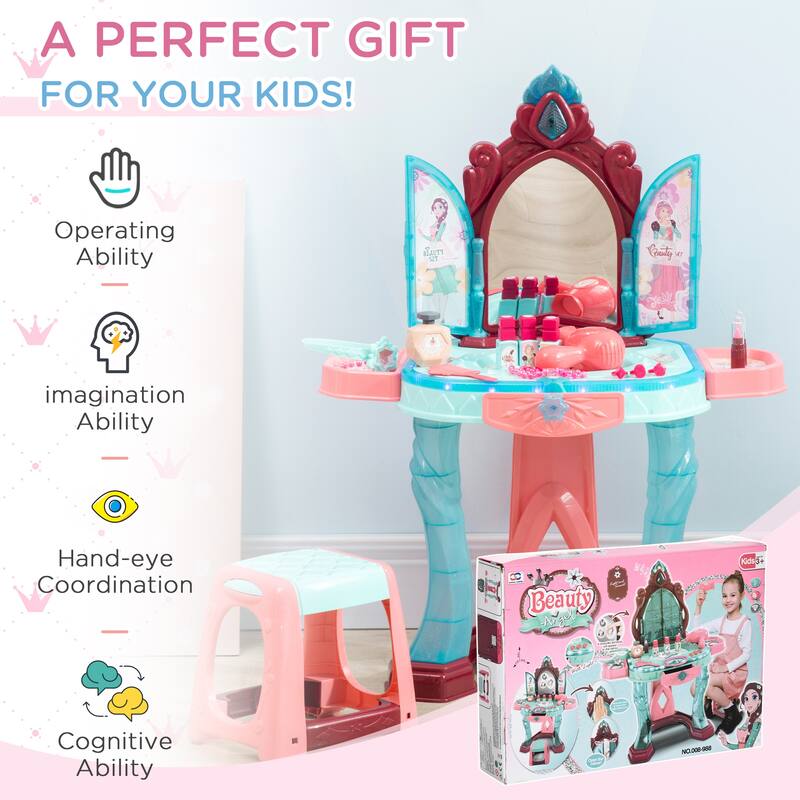 Qaba Self-Opening Mirror Design Kids Vanity Makeup Table Set with Chair and 31-Piece Collection, Imaginative Toy
