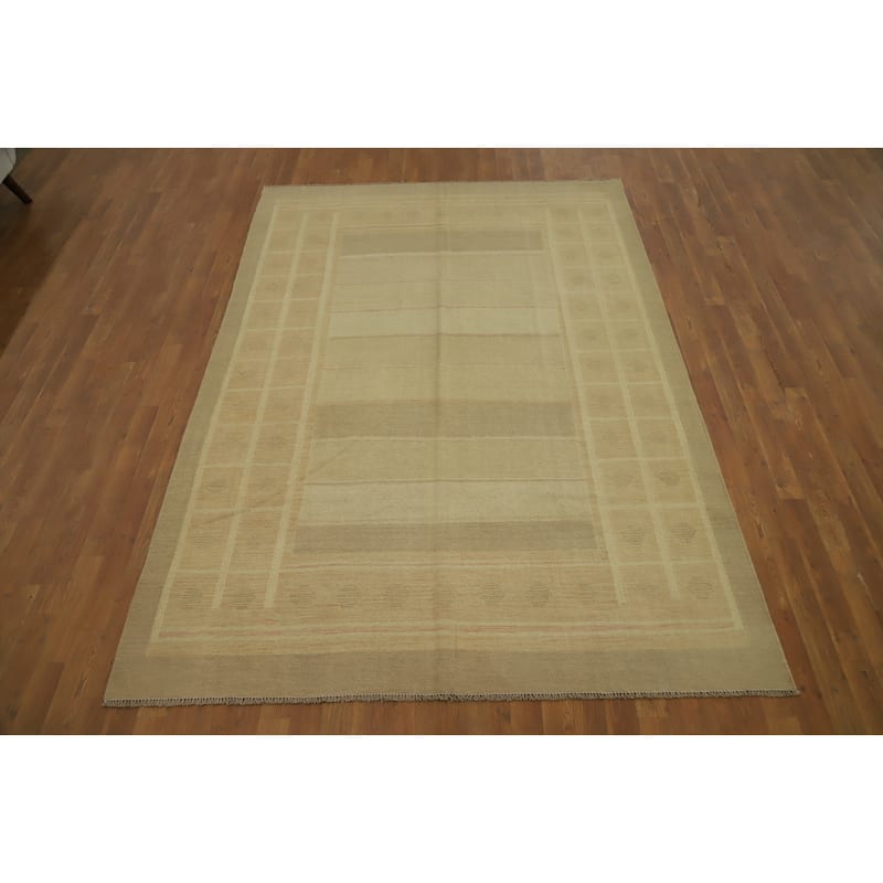Hand Woven Oriental 100% Wool Carpet Southwestern Tribal Yellow & Gold Kilim Area Rug - 8' 8'' X 6' 1''