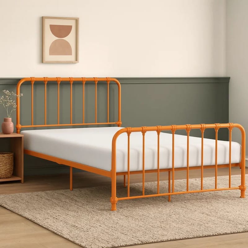Ethan Full Size Metal Bed, Orange Spindle Design, Heavy Duty Slat Support