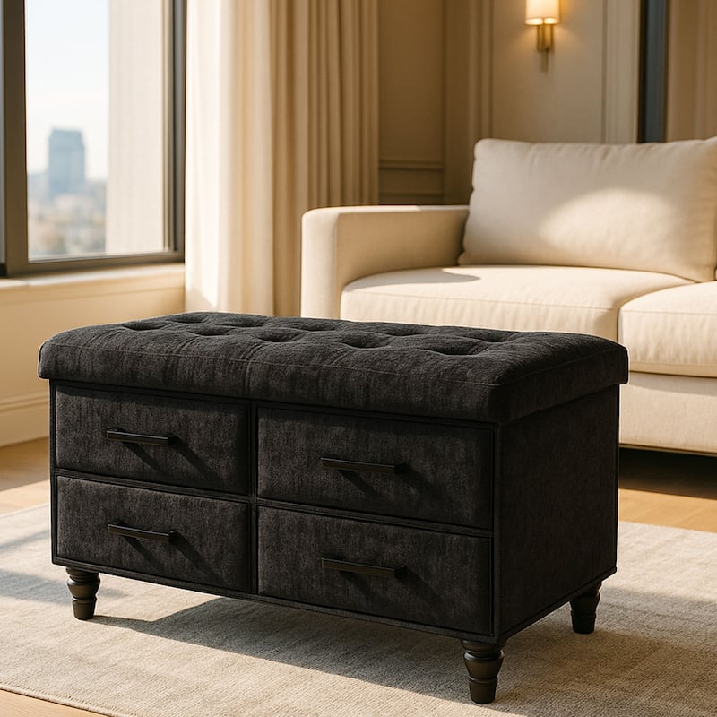 30 Inch Storage Ottoman With Four Drawers For Organized Home Use Storage