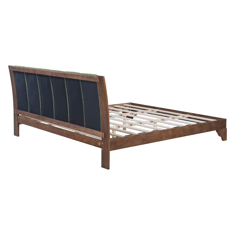 Pine Wood Bed Frame Mid Century Modern Platform Bed with Green Upholstered Headboard, Wood Slat Support Low Profile Wingback Bed