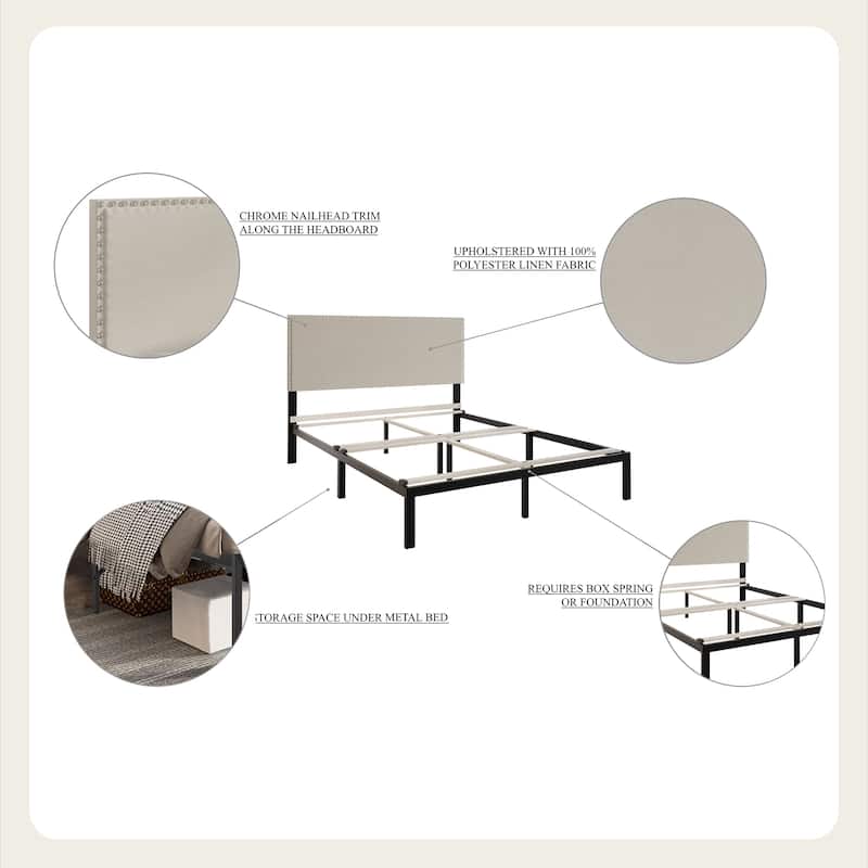 CraftPorch Modern Linen Silver Finish Nailhead Upholstered Bed