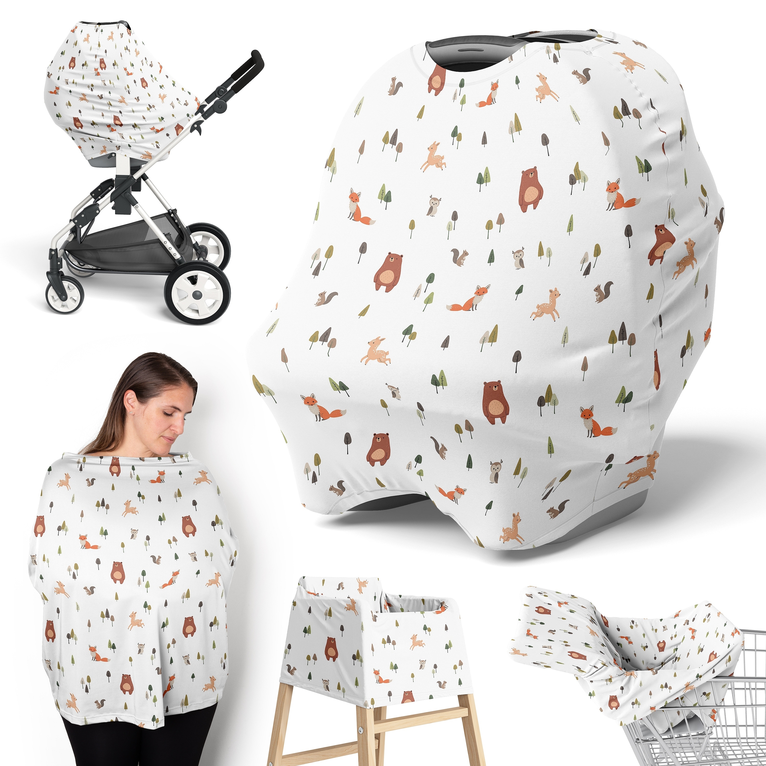 Sweet Jojo Designs Woodland Animals Boy, Girl, Unisex/Gender Neutral 5 in 1 Baby Car Seat and Nursing Cover - Sage Green, Forest