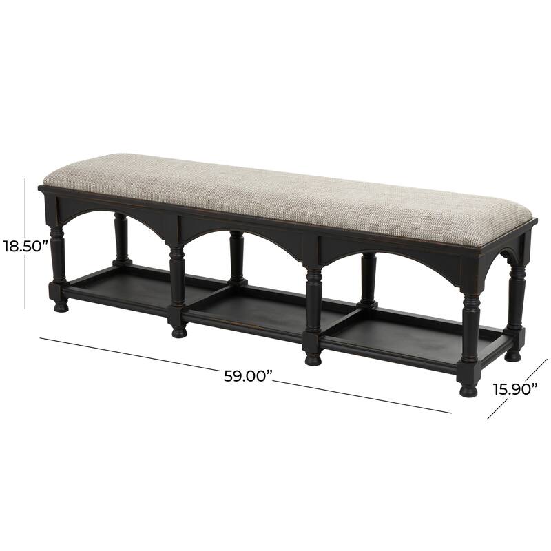 Fabric Arched Storage Bench with Traditional Turned Legs and Beige Cushion - Black - Roche River Decor - 16"Wx59"Lx19"H