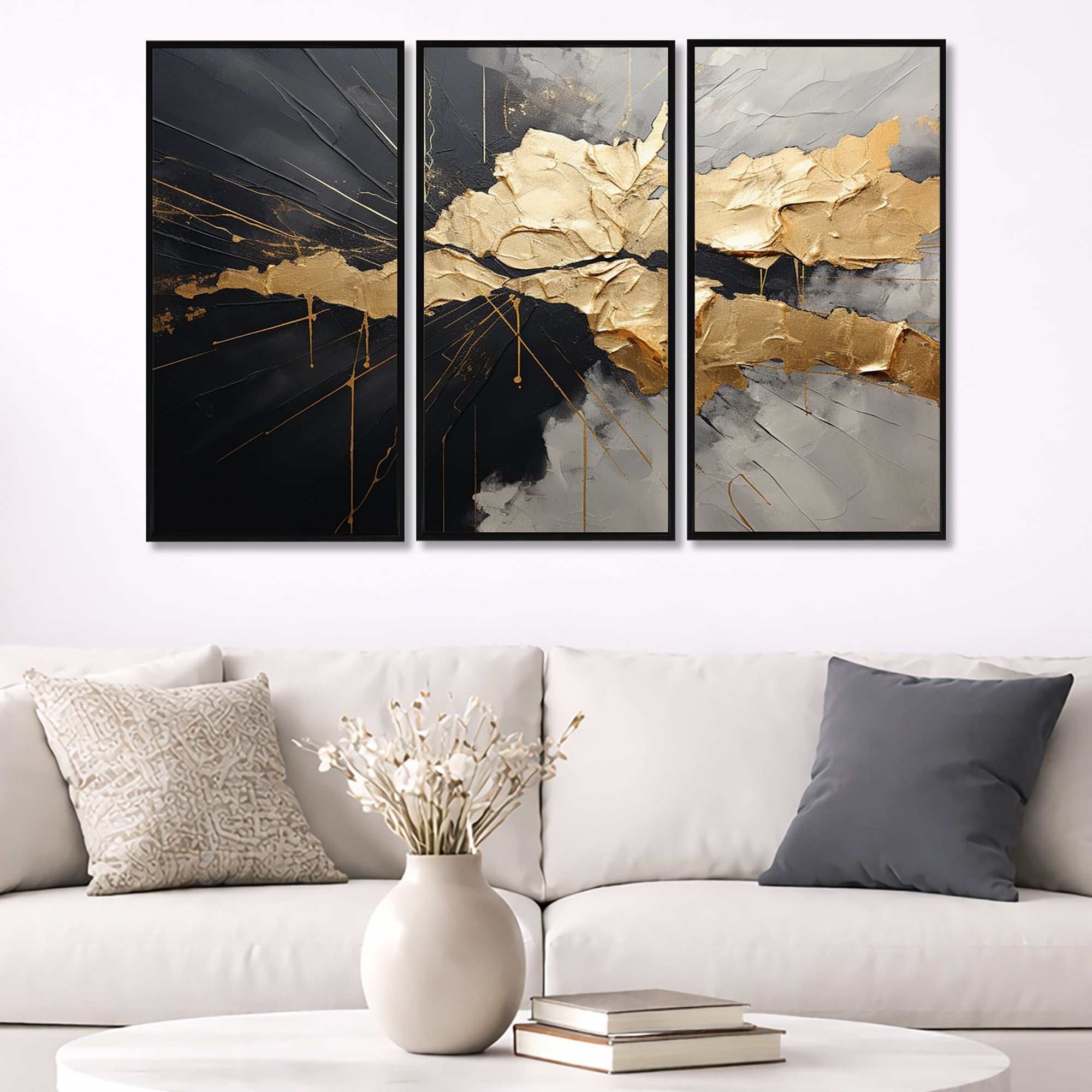 Designart "Black And Gold Abstract Meditation V" Abstract Painting Framed Art Set of 3 - Modern Wall Art Set 3 Pieces