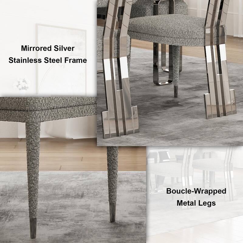 70 inch Clear Tempered Glass Dining Table Set with Grey Boucle Dining Chairs