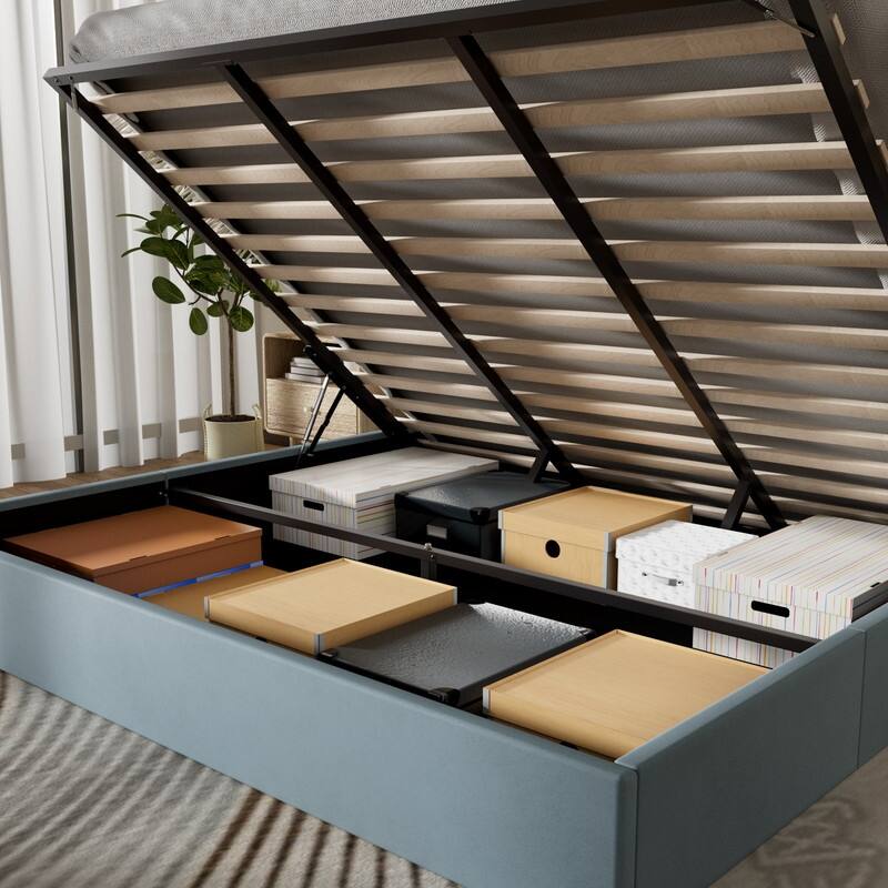 Plywood Frame Upholstered Platform Bed with Lift-up Storage Supported by Metal and Wooden Slats