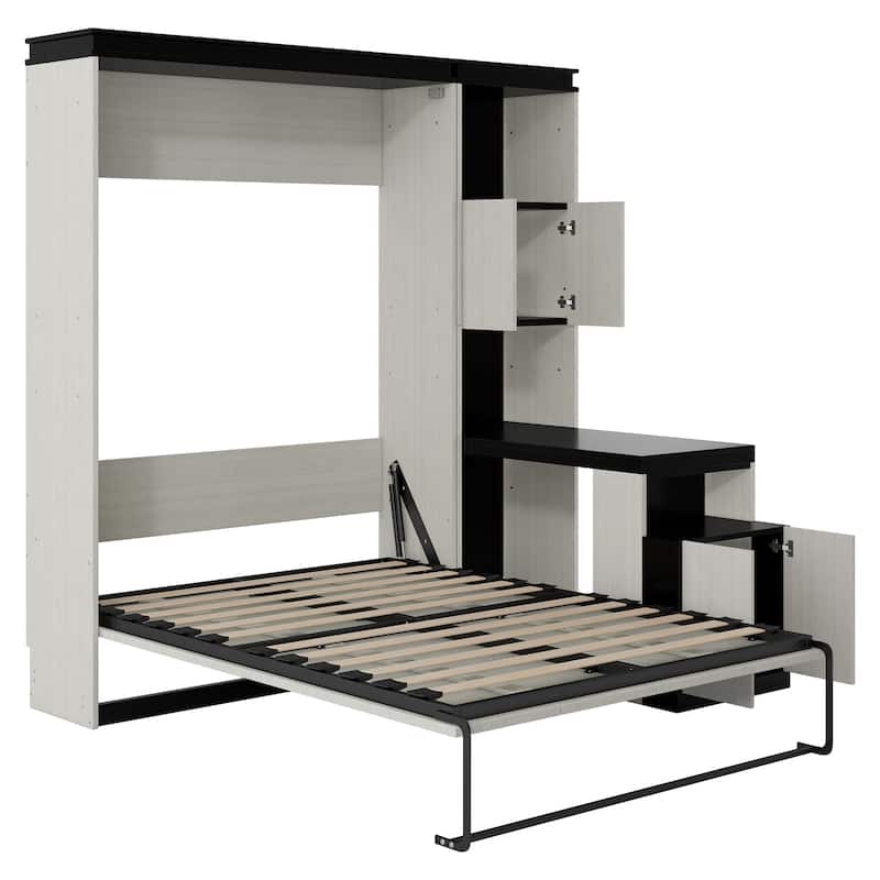 Modern Full Size Murphy Bed with Desk and Storage Shelves and Cabinets, Foldable Hidden Wallbed Bed for Bedroom, Apartment
