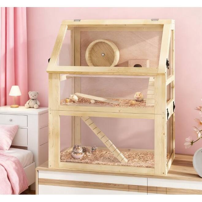 3-Tier Wooden Hamster Cage with Detachable Bottom (24" x 16" x 29.5")