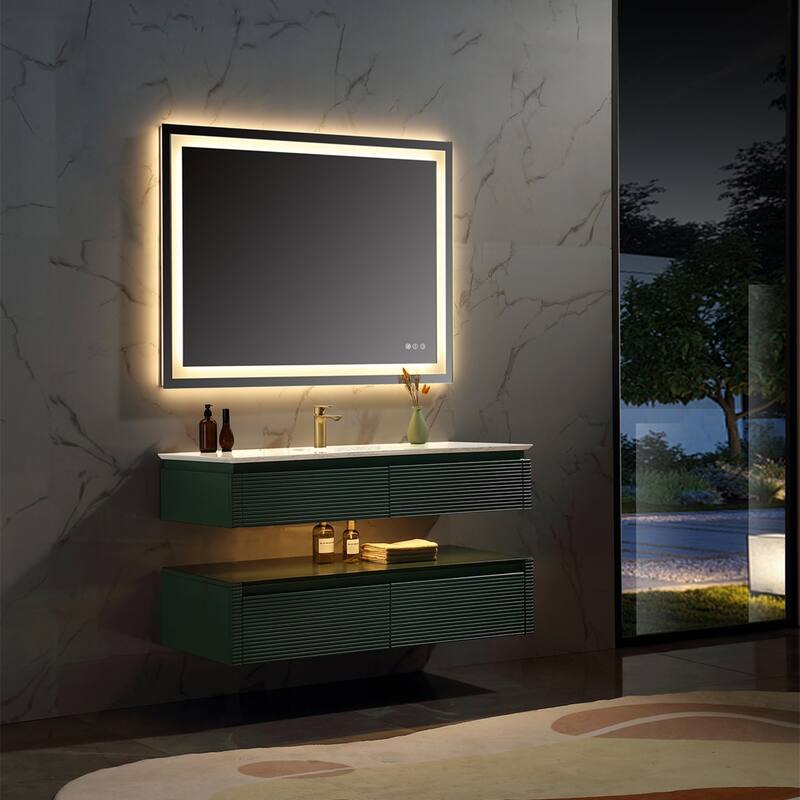 48 Inch Solid Wood Wall-Mounted Bathroom Vanity Set in Green/ White with Engineered Stone Top and Ceramic Sink