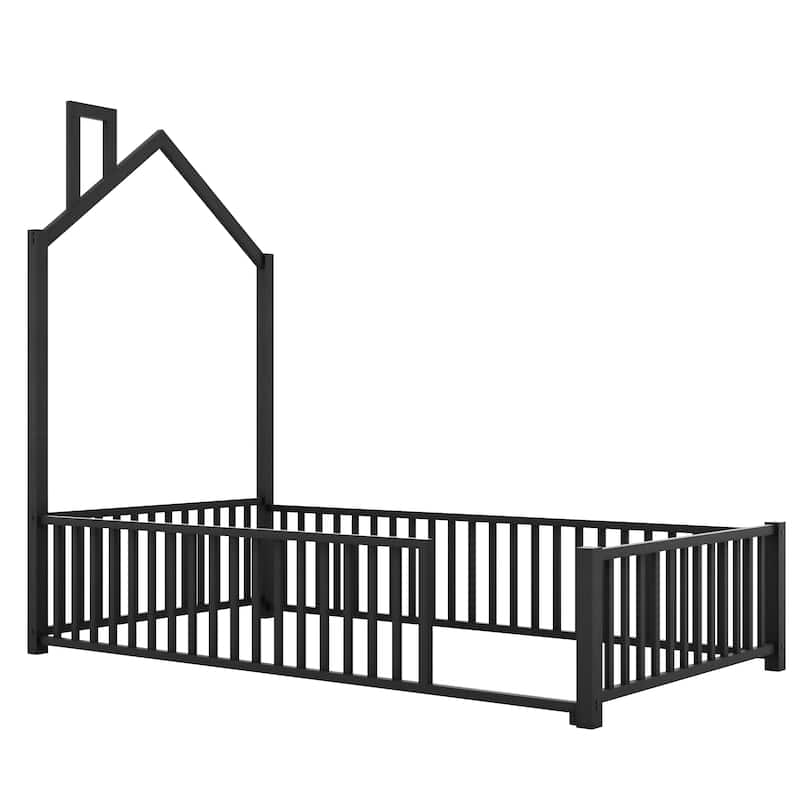 Twin Metal Platform Bed with Guardrails & Chimney Design