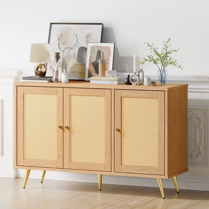 Futzca Storage Cabinet, Rattan Cabinet with Adjustable Shelf - 3 Doors - Natural