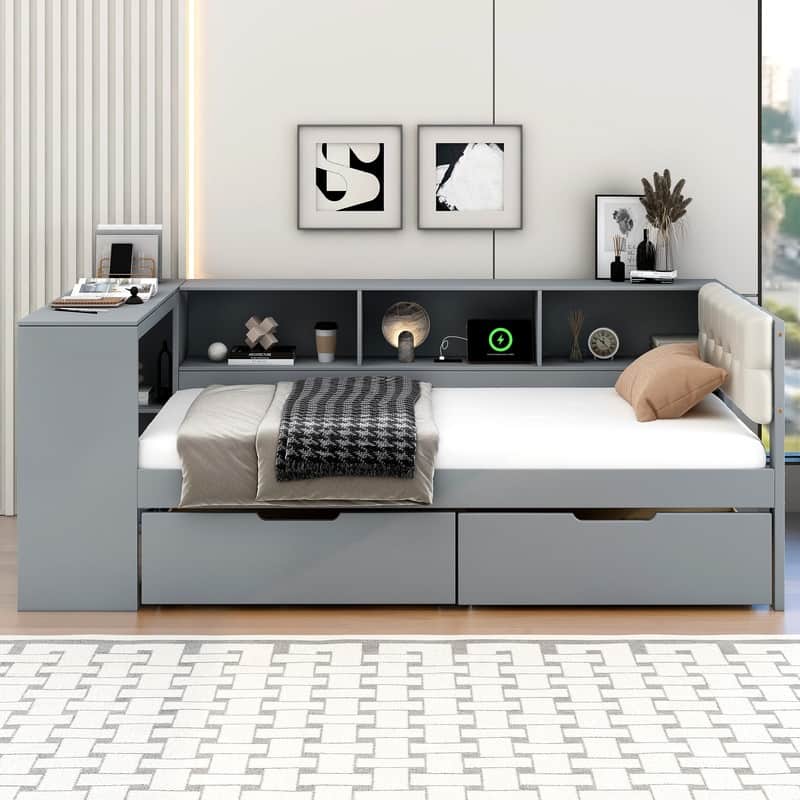 Twin Size Wood Platform Bed with Storage Shelves, Drawers, Charging Station