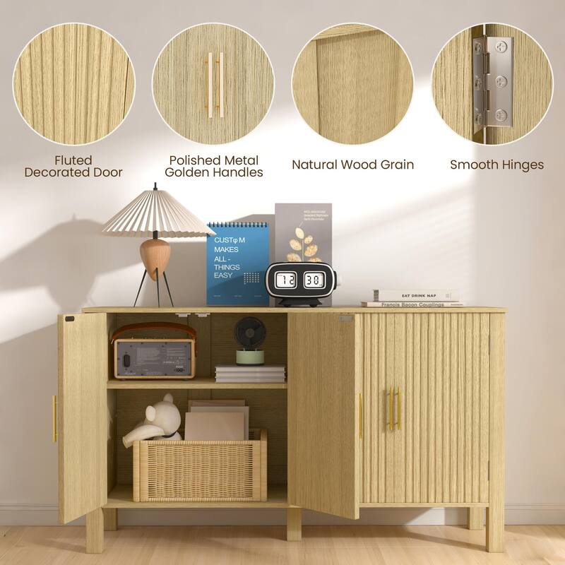 EROMMY Modern Fluted Sideboard Buffet Cabinet, Solid Wood Console Table with Adjustable Shelves for Living Room, Dining Room