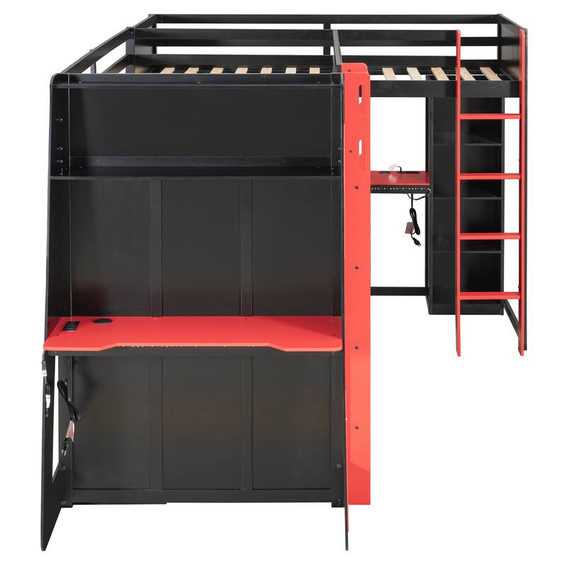 Roomfitters L-Shaped Twin Gaming Bunk Bed with RGB LED Lights, USB Ports and TV Stand