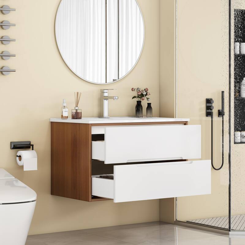 32 Inch Floating Bathroom Vanity with Sink & Double Drawers, Wall-Mounted Bathroom Vanity Base with Ceramic Basin