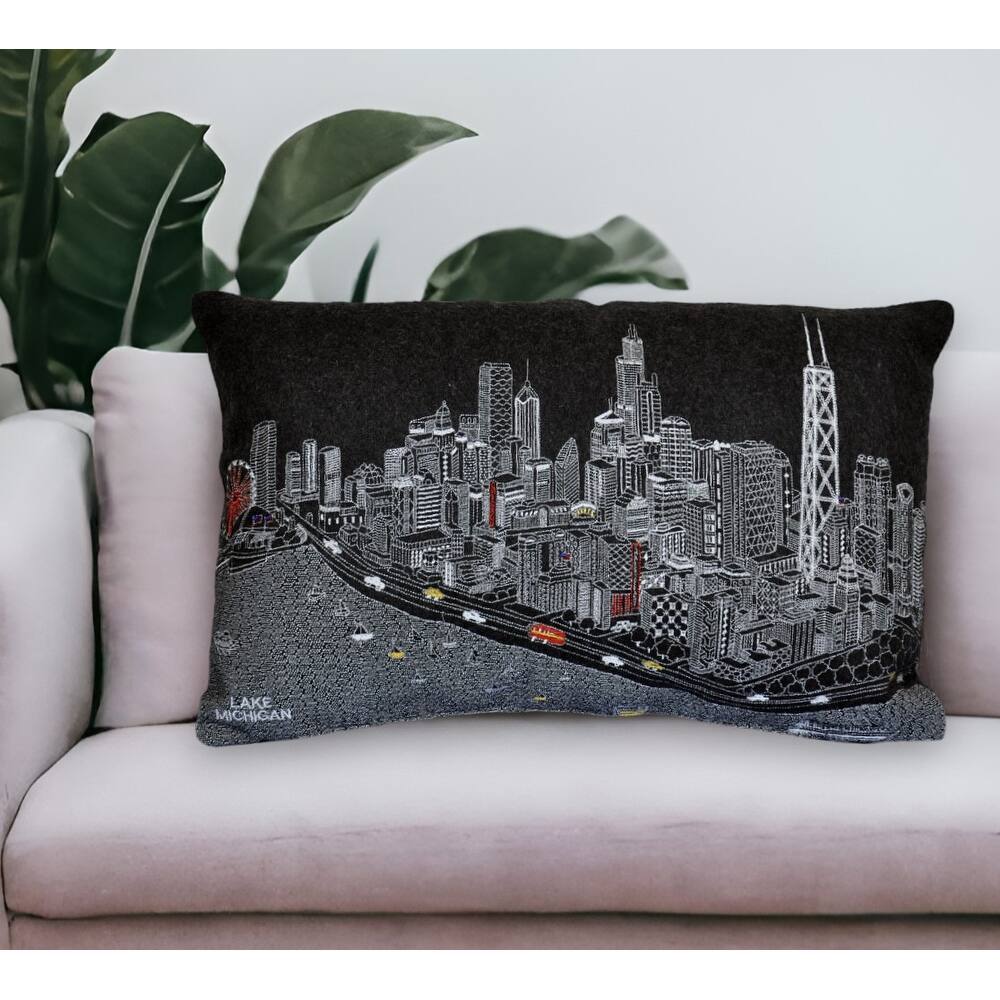 25" Black Chicago Nighttime Skyline Lumbar Decorative Pillow