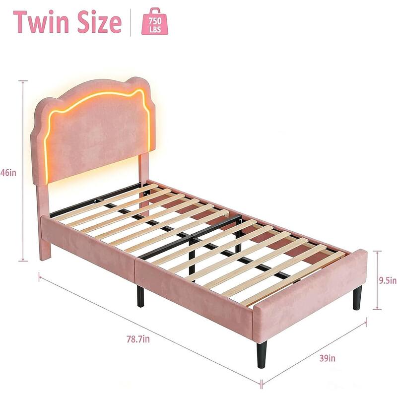 Twin Size Upholstered LED Platform Bed Frame with Bear-Shaped Headboard for Kids
