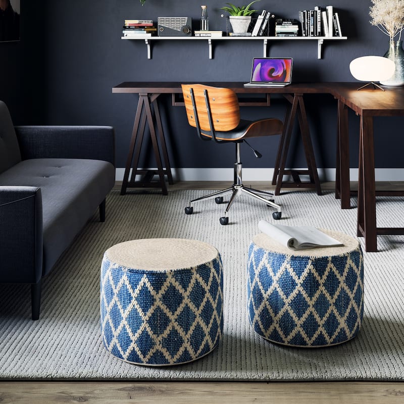 WYNDENHALL Nesbitt Boho Round Pouf, Natural Woven Braided Jute - Classic Blue/Natural