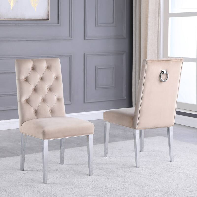 Best Quality Furniture Velvet Button Tufted Side Chairs with Chrome Base- Set of 2 - Beige/Cream