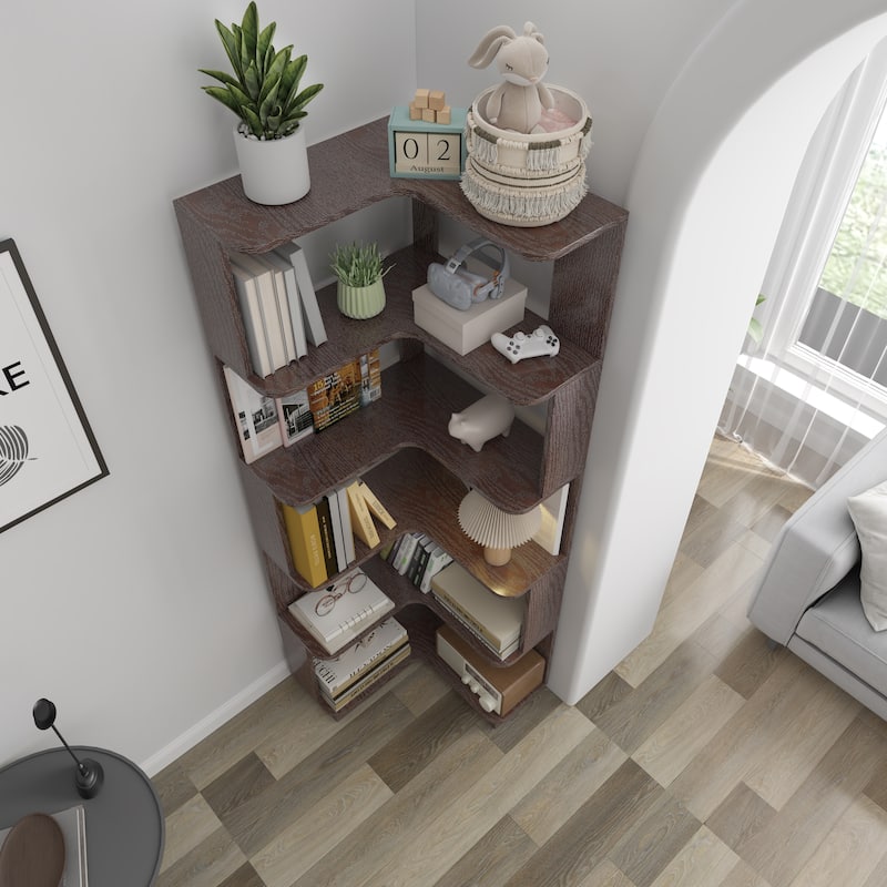 6 Tier Freestanding L-Shaped Corner Bookshelf For Living Room, Bedroom, Wooden Bookcase with anti tipping device