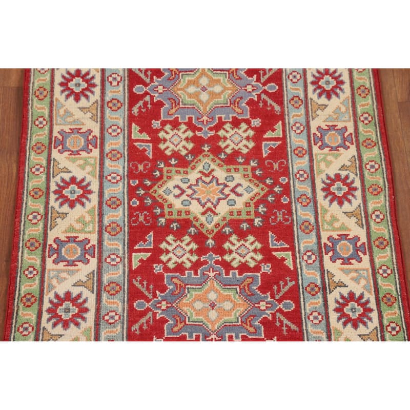 Geometric Kazak Foyer Rug Hand-Knotted Oriental Red Wool Carpet - 2'7" x 4'2"