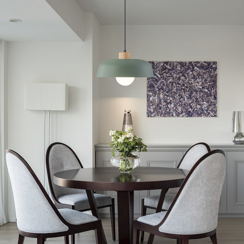 Modern 1-Light Green Dome Pendant Light with Decorative Wood Accent