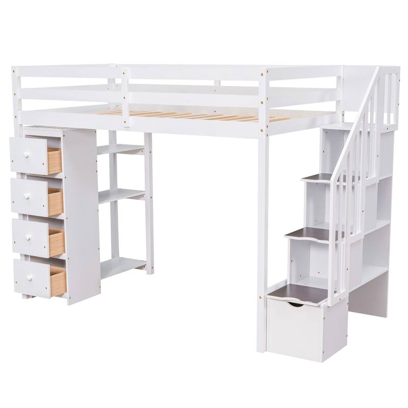 Twin Size Wooden Loft Bed with Storage Drawers, Shelves, and Stairs - White