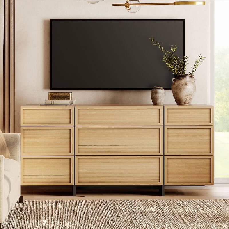 WAMPAT Modern TV Stand, Entertainment Center with T-Shaped Legs, Media Console Table with Storage Drawers - 57.5x15.5x31.5 in - Oak