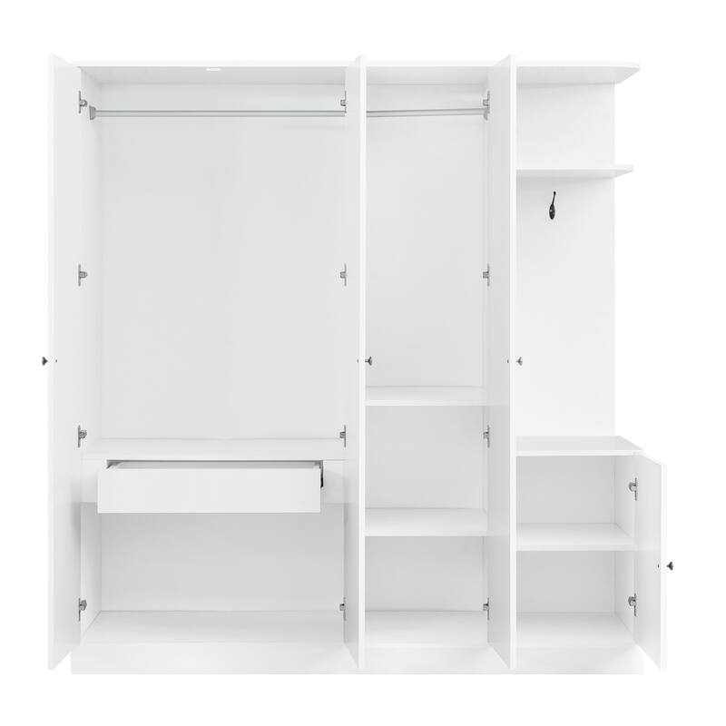 Mirrored Wardrobe Closet 4 Door Wooden Wardrobe with Drawers Large Armoire Closet with Open Storage Space