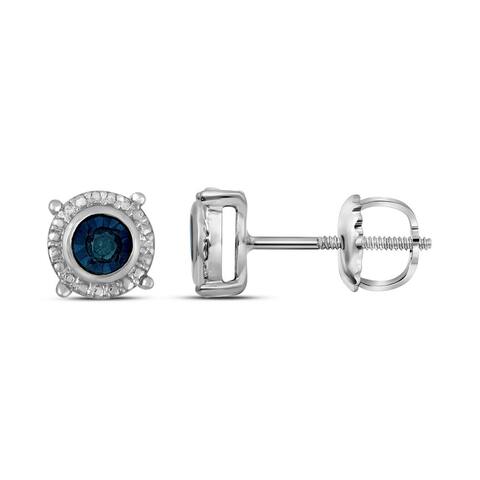 Sterling Silver 1/10 Carat Round Blue Color Enhanced Diamond Stud Earrings for Women