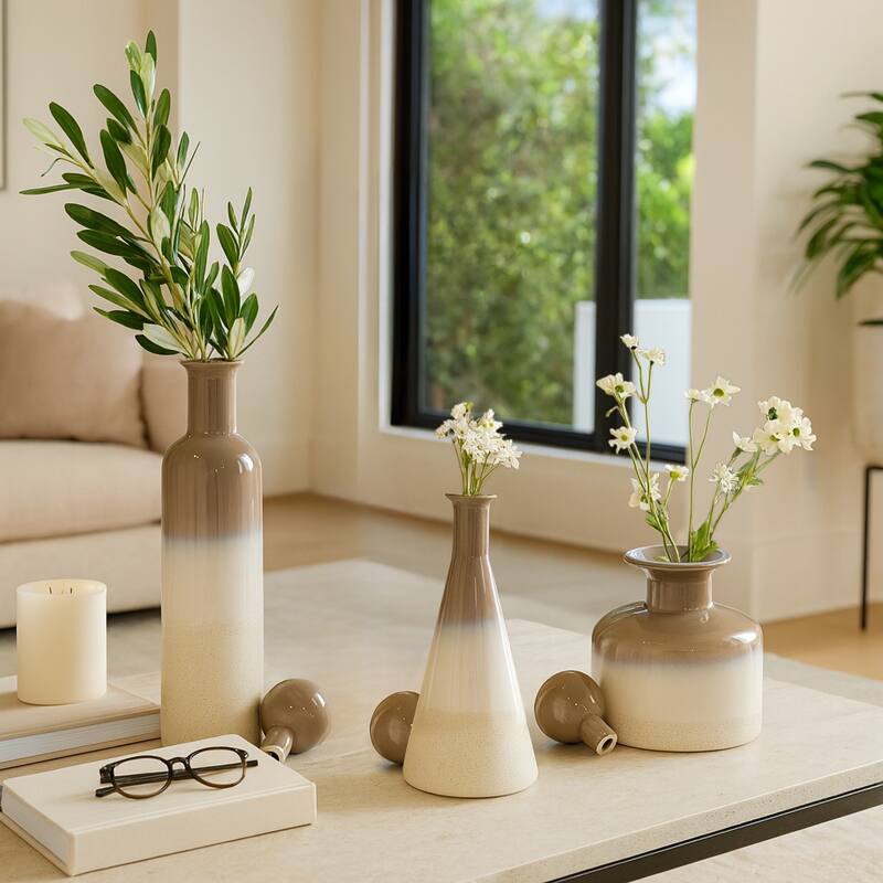 Elegant Glazed Ceramic Decorative Vase for Home Decor - Flower Vases with Modern Shapes - Set of 3, 21", Ivory