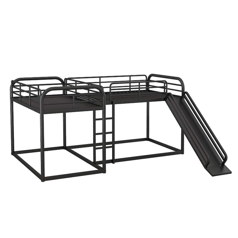 Roomfitters L-Shaped Full and Twin Bunk Bed with Slide, Short Ladder and Space-Saving Design