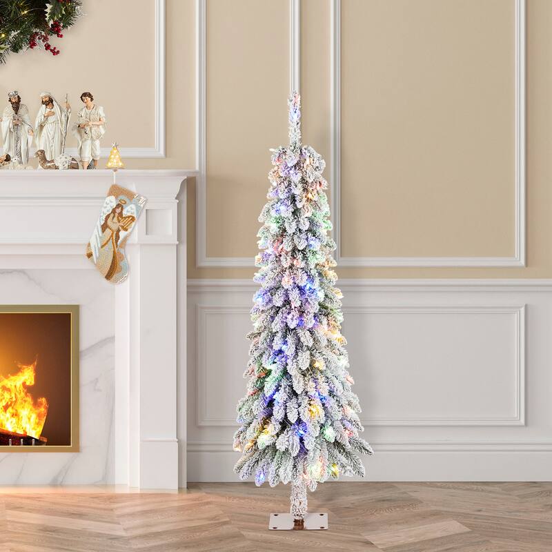 Glitzhome 4.5ft/6ft/7.5ft Pre-Lit Flocked Artificial Snowy Downswept Christmas Tree with Foot Pedal Control LED Lights - 1-Piece 4.5ft