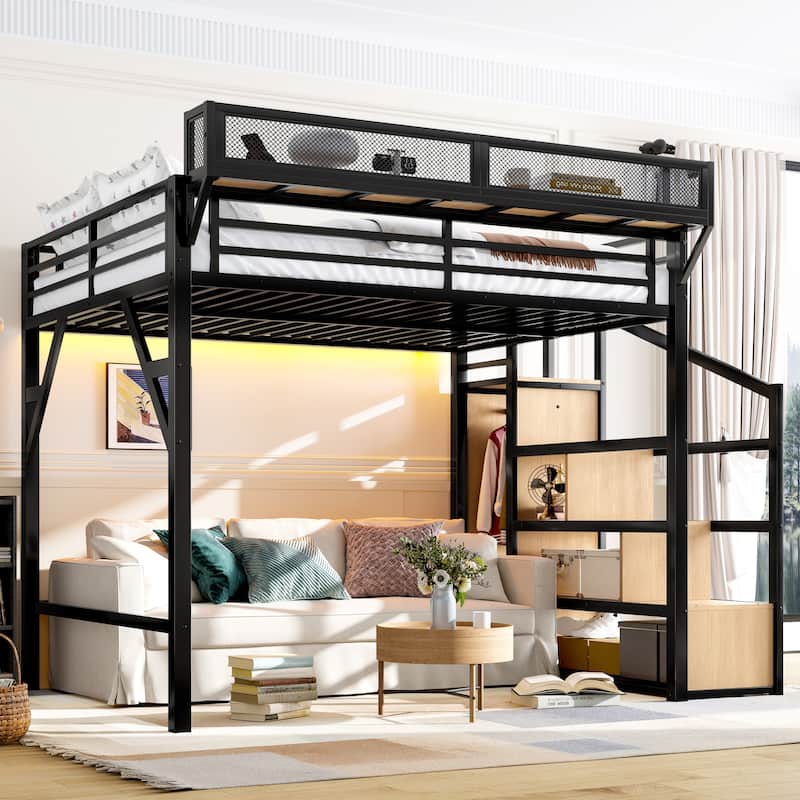 Queen Loft Bed with Storage Stairs, Shelves, Wardrobe, USB Ports, LED Lights, Noise-reduced Design