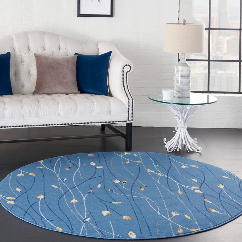 Nourison Grafix Floral Botanical Transitional Area Rug - 5'3" Round - Light Blue