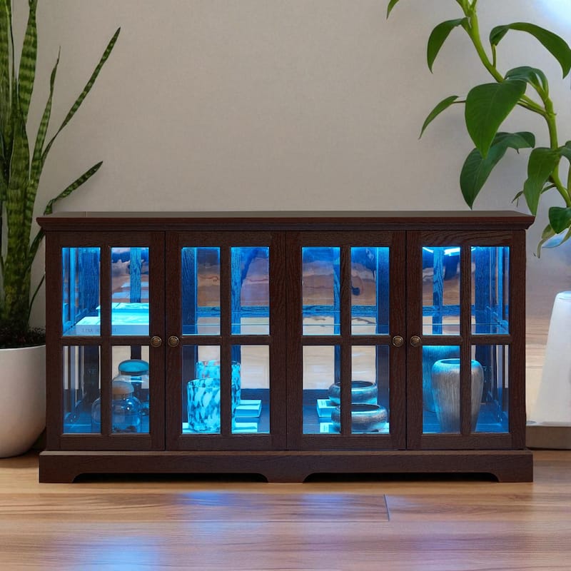 LED Antique Curio Display Cabinet with Glass Doors, Adjustable Shelves and Vintage 4-Door Design
