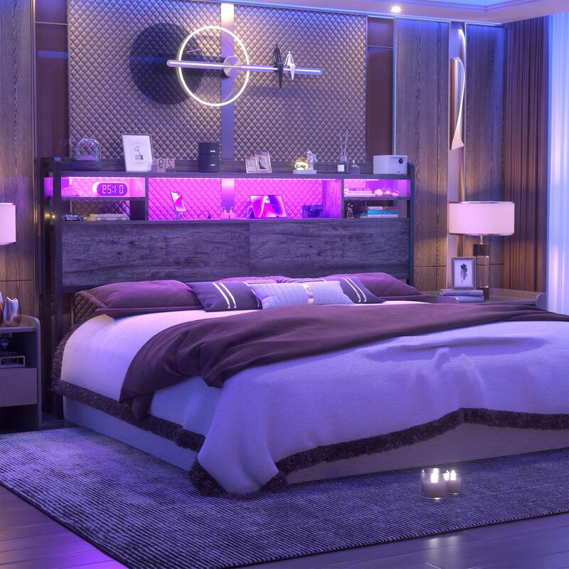 Storage Headboard with USB Port and Power Outlet, Head Board with LED Light for Bed Frame