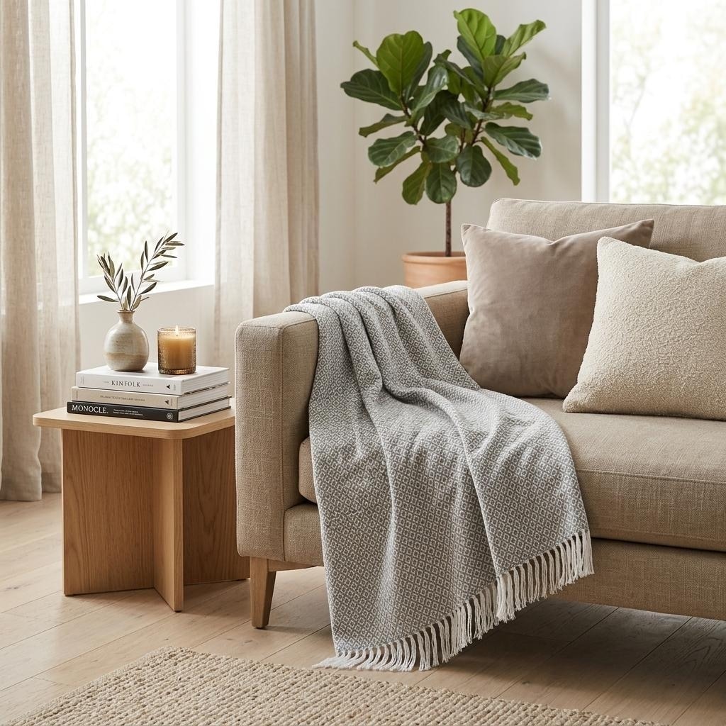 HomeRoots 50" X 60" Gray and White Woven Cotton Geometric Throw Blanket with Fringe
