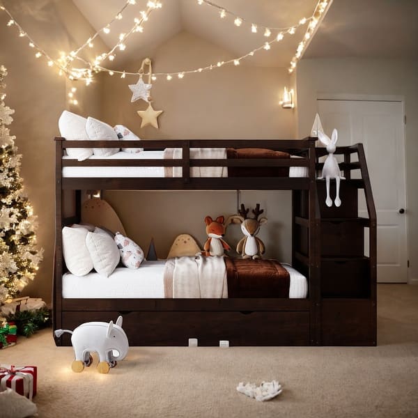 slide 2 of 12, Twin Over Twin Bunk Bed With Twin Trundle and 3 Storage Stairs for Kids Espresso